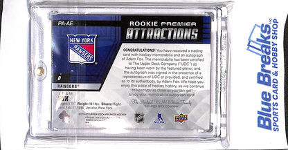 2019-20 Upper Deck - Premier - Rookie Premier Attractions - Adam Fox - auto patch - 81/99 - #PA-AF - hockey - Rangers