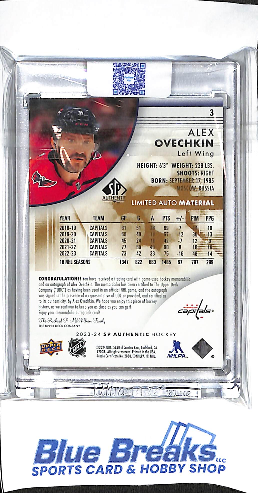 2023-24 SP Authentic - Alex Ovechkin - Limited Auto Material - 9/10 - hockey - Washington Capitals