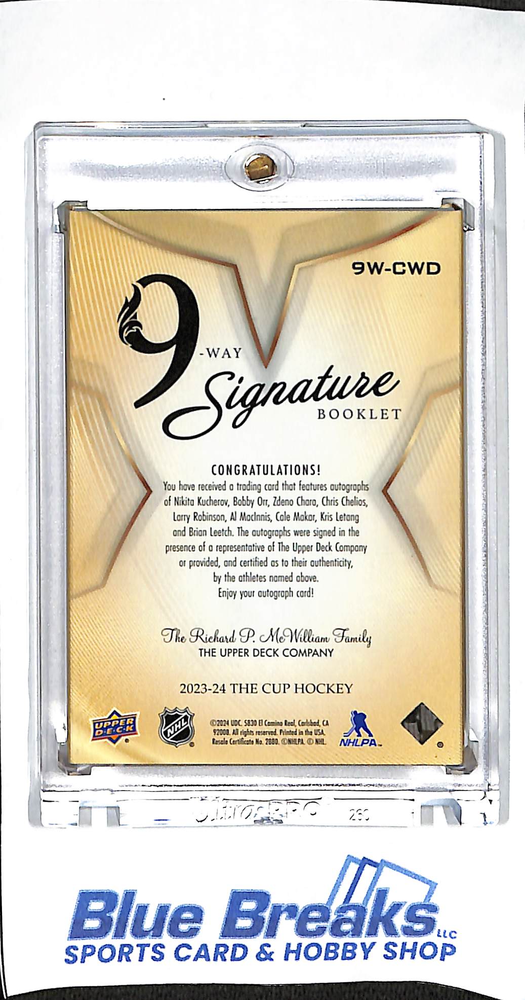 2023-24 - Upper Deck - The Cup - 9 Way Signature Booklet Cup Winners - hockey - Kucherov - Orr - Chara - Chelios - Robinson - MacInnis - Makar - Letang - Leetch - Hockey