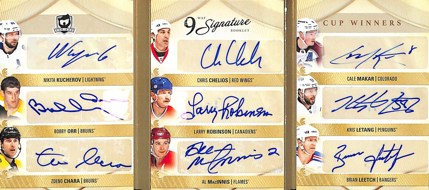 2023-24 - Upper Deck - The Cup - 9 Way Signature Booklet Cup Winners - hockey - Kucherov - Orr - Chara - Chelios - Robinson - MacInnis - Makar - Letang - Leetch - Hockey