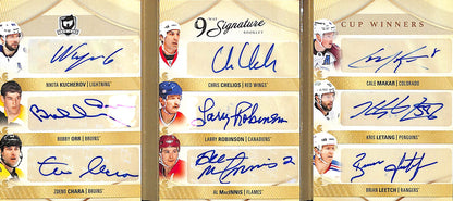 2023-24 - Upper Deck - The Cup - 9 Way Signature Booklet Cup Winners - hockey - Kucherov - Orr - Chara - Chelios - Robinson - MacInnis - Makar - Letang - Leetch - Hockey