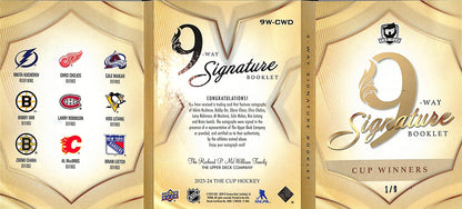 2023-24 - Upper Deck - The Cup - 9 Way Signature Booklet Cup Winners - hockey - Kucherov - Orr - Chara - Chelios - Robinson - MacInnis - Makar - Letang - Leetch - Hockey