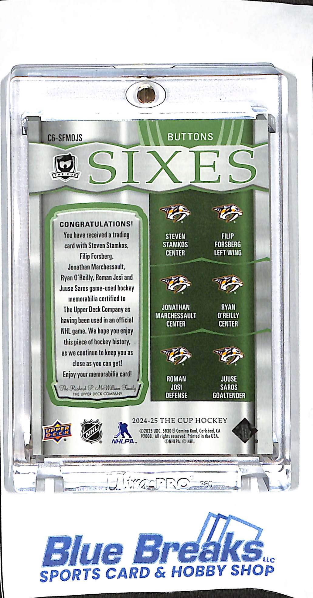 2024-25 Upper Deck The Cup - Sixes - Buttons - Stamkos - Forsberg - Marchessault - O'Reilly - Josh - Saros - Nashville Predators - 1/1 - Hockey