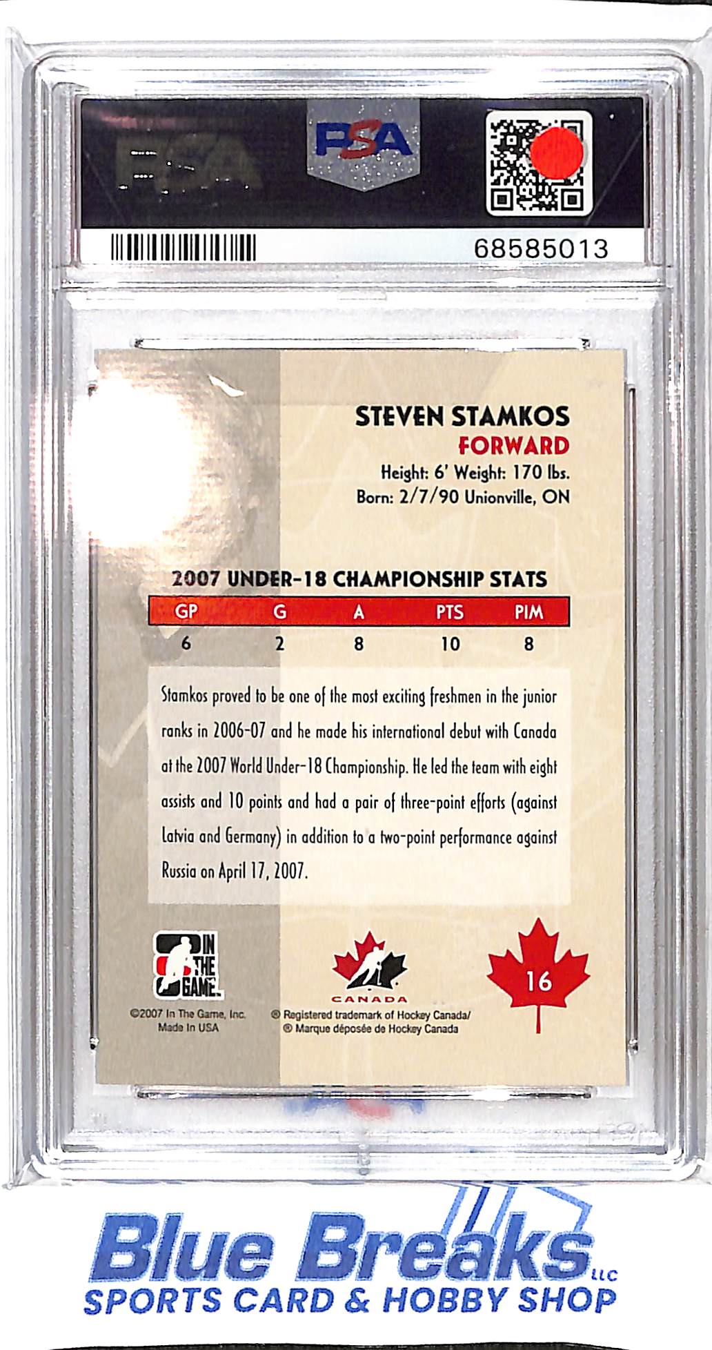 2007 In the Game - Steven Stamkos - O Canada - #16 - Hockey - Lightning - PSA 10