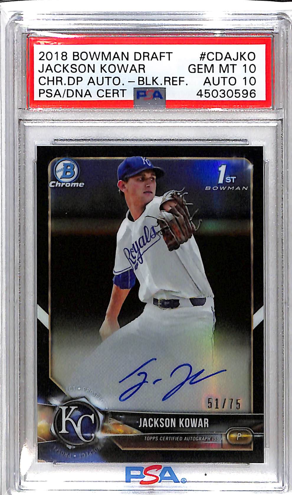 2018 Bowman Chrome - Draft Picks - 1st Bowman - black refractor - Jackson Kower - auto - 51/75 - #CDA-JKO - PSA 10 / auto 10 - baseball - Royals