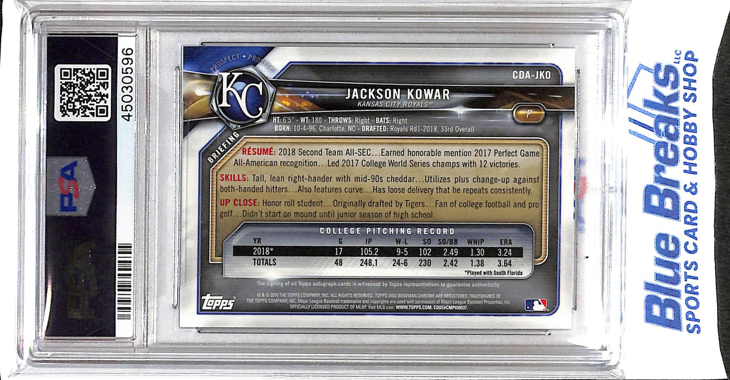 2018 Bowman Chrome - Draft Picks - 1st Bowman - black refractor - Jackson Kower - auto - 51/75 - #CDA-JKO - PSA 10 / auto 10 - baseball - Royals