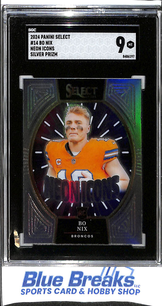 2024 Panini - Select - Silver Prizm - Neon Icons - Bo Nix - RC - #14 - SGC 9 - football - Broncos - drop