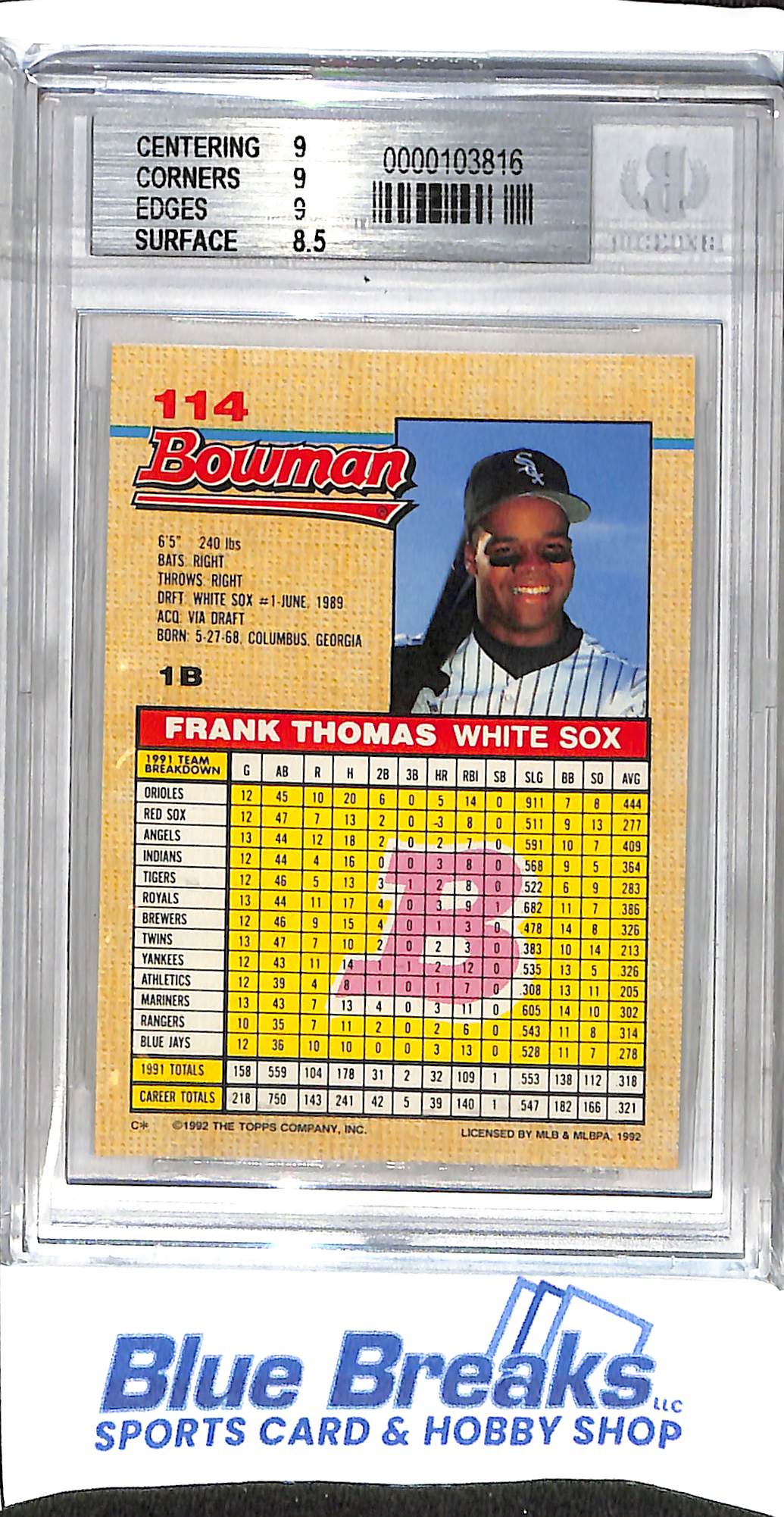 1992 Bowman - Frank Thomas - #114 - BGS 9 - baseball - White Sox - drop