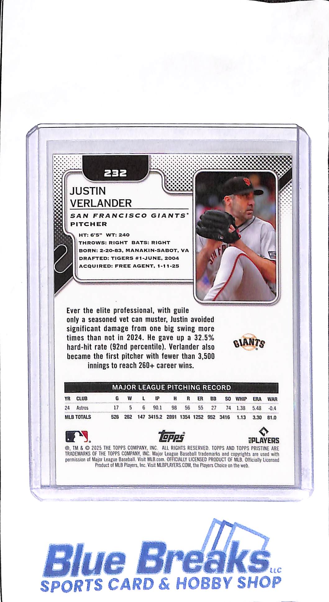 2025 Topps - Pristine - gold - Justin Verlander - 15/50 - #232 - baseball - Giants