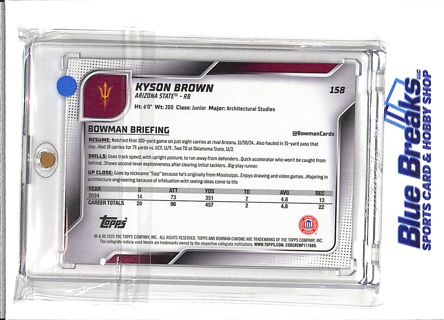 2025 Bowman University Chrome - 1st Bowman - red shimmer - Kyson Brown - 3/5 - #158 -football - Arizona State Sun Devils