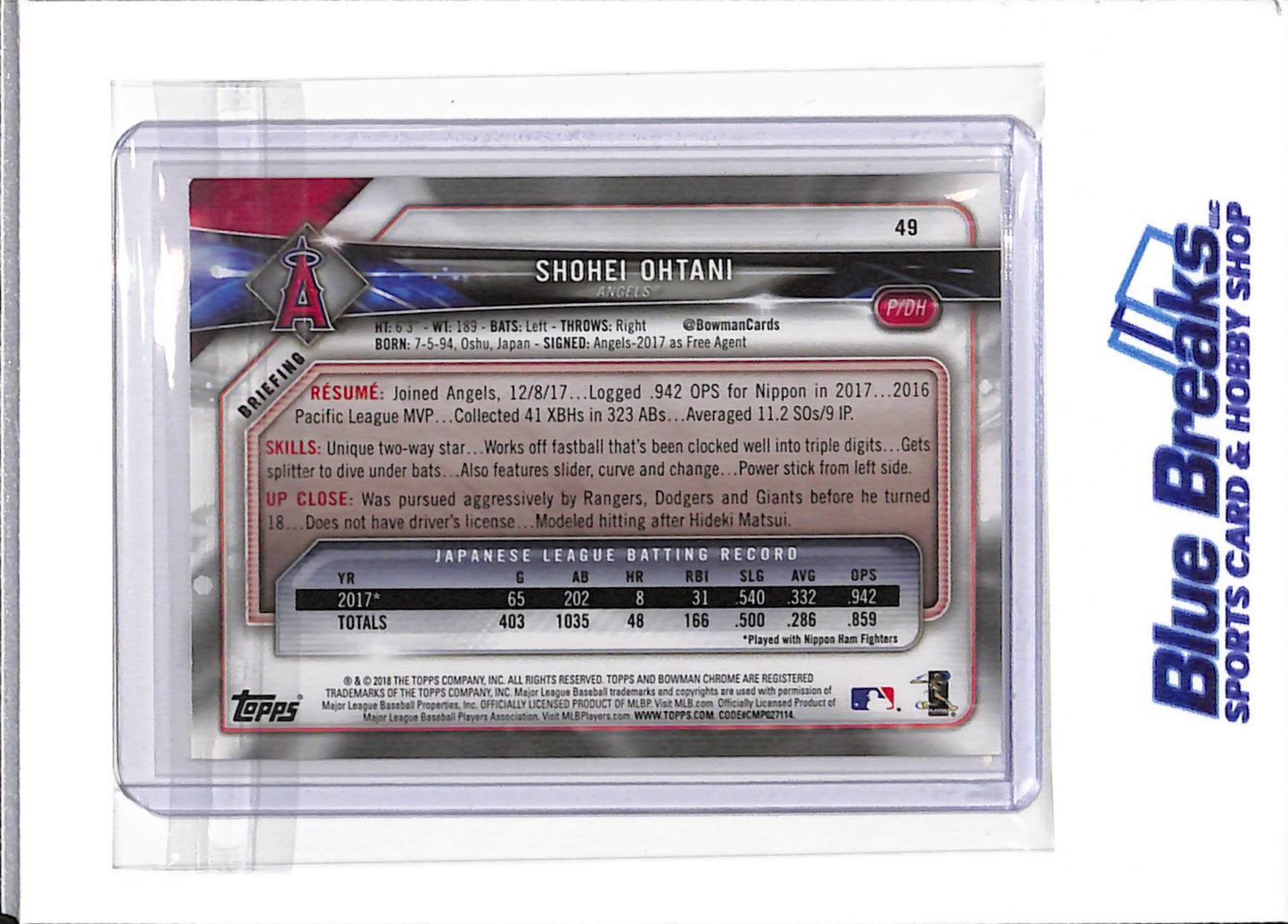 2019 Topps - Bowman - Shohei Ohtani - RC - #49 - baseball - Angels