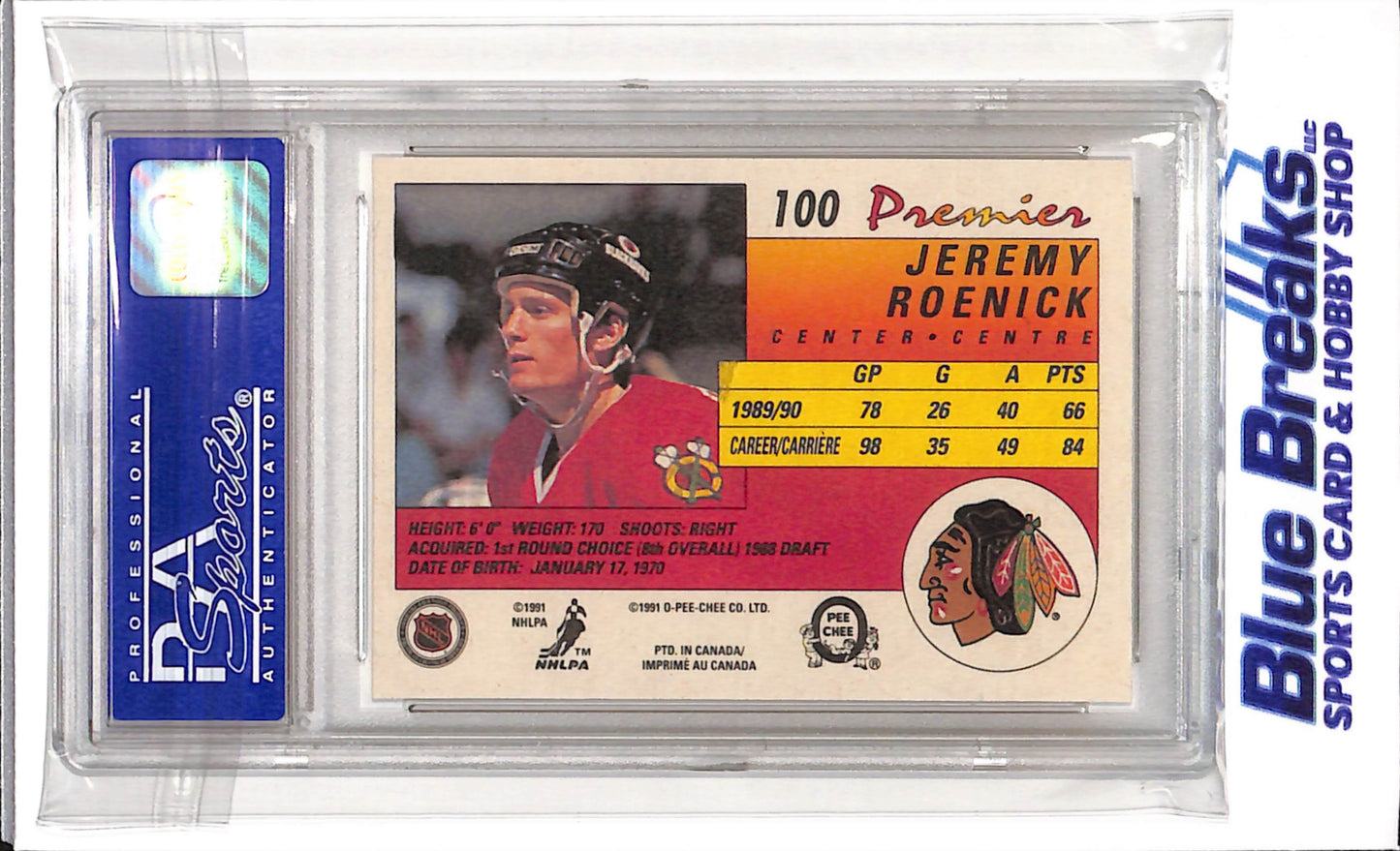 1990 - O - Pee - Chee - Jeremy Roenick - Chicago Blackhawks - Ice Hockey - #100 - PSA 10