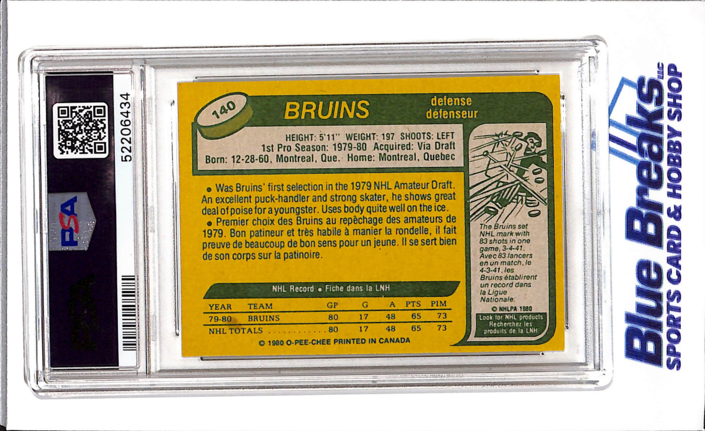 1980 - O - Pee - Chee - Ray Bourque - Boston Bruins - Ice Hockey - #140 - PSA 6