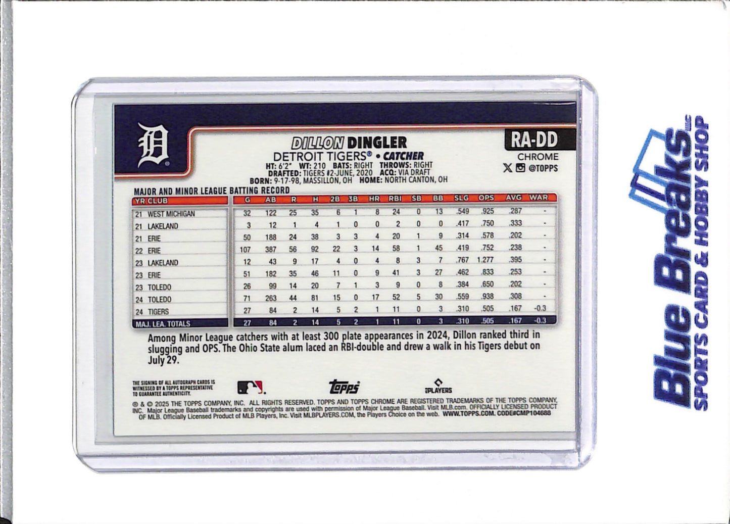 2025 Topps Chrome Update - Dillon Dingler - Baseball - Detroit Tigers - Aqua Wave - Refractor - Auto - 108/199