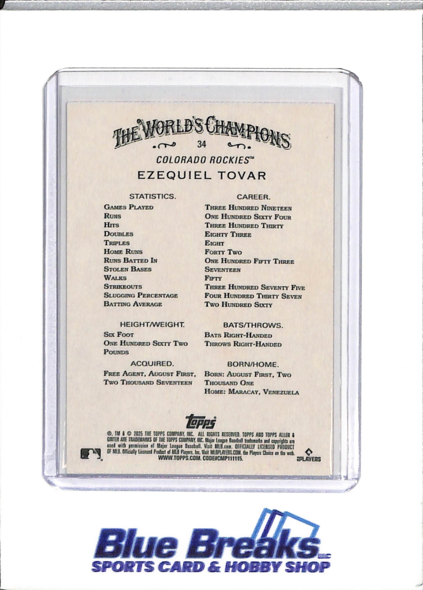 2025 Topps - Ezequiel Tovar - Allen & Ginter - Baseball - Colorado Rockies - #34 - 1/5