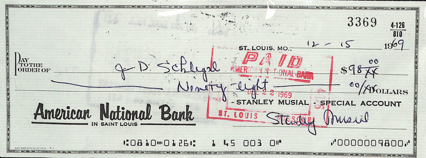 1969 - American National Bank - Signed Check - From Stanley Musial - Special Account - Signed - 12/15/1969 - Endorsed 12/20/1969