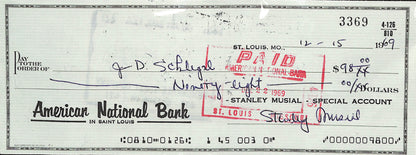 1969 - American National Bank - Signed Check - From Stanley Musial - Special Account - Signed - 12/15/1969 - Endorsed 12/20/1969