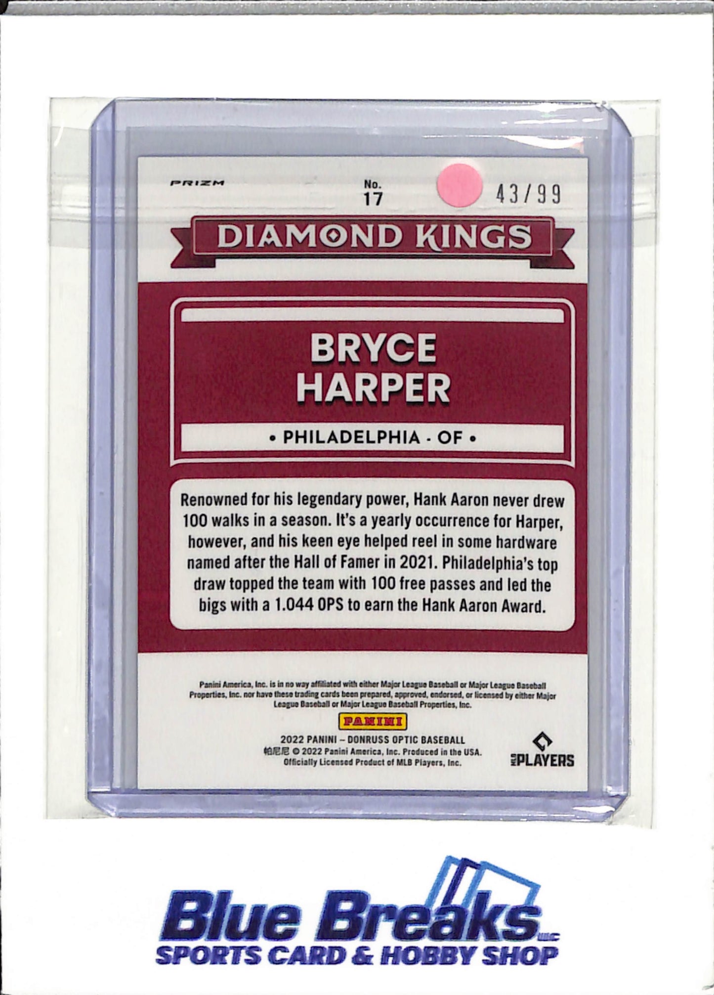 2022 Panini - Bryce Harper - Philadelphia Phillies - Baseball - Diamond Kings - Blue - Optic - 43/99