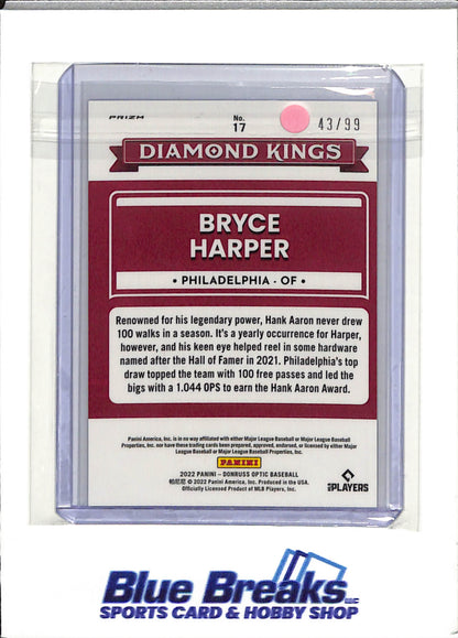 2022 Panini - Bryce Harper - Philadelphia Phillies - Baseball - Diamond Kings - Blue - Optic - 43/99