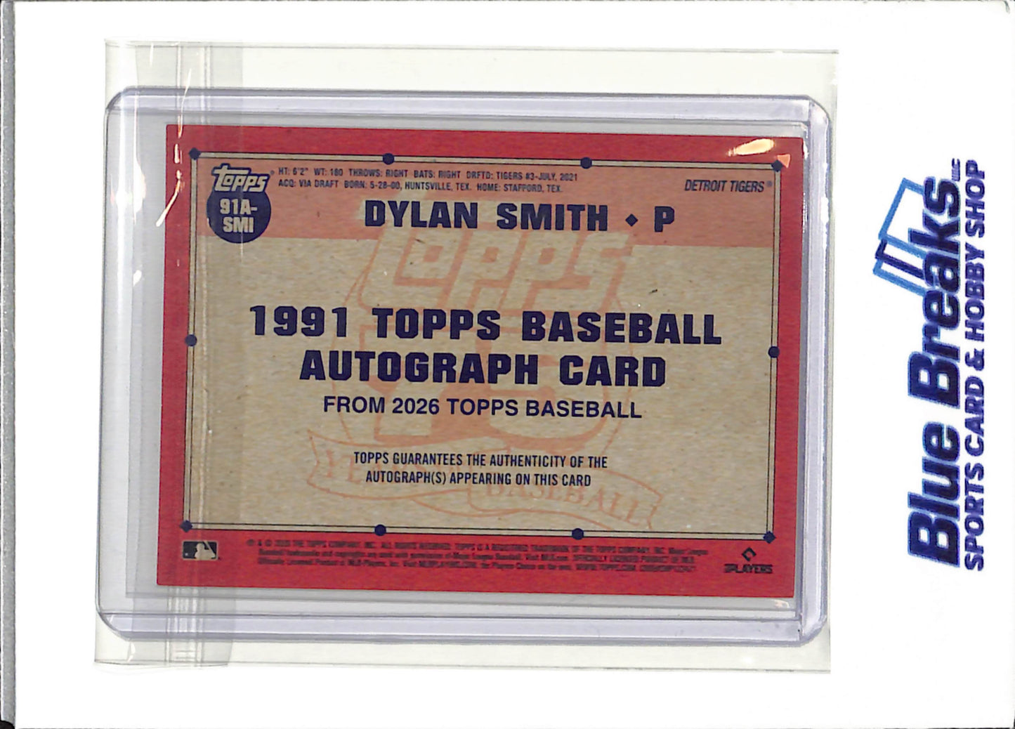 2026 Topps - Dylan Smith - Detroit Tigers - Baseball - Auto - 1991 Topps Card - 75th - #91A-SMI