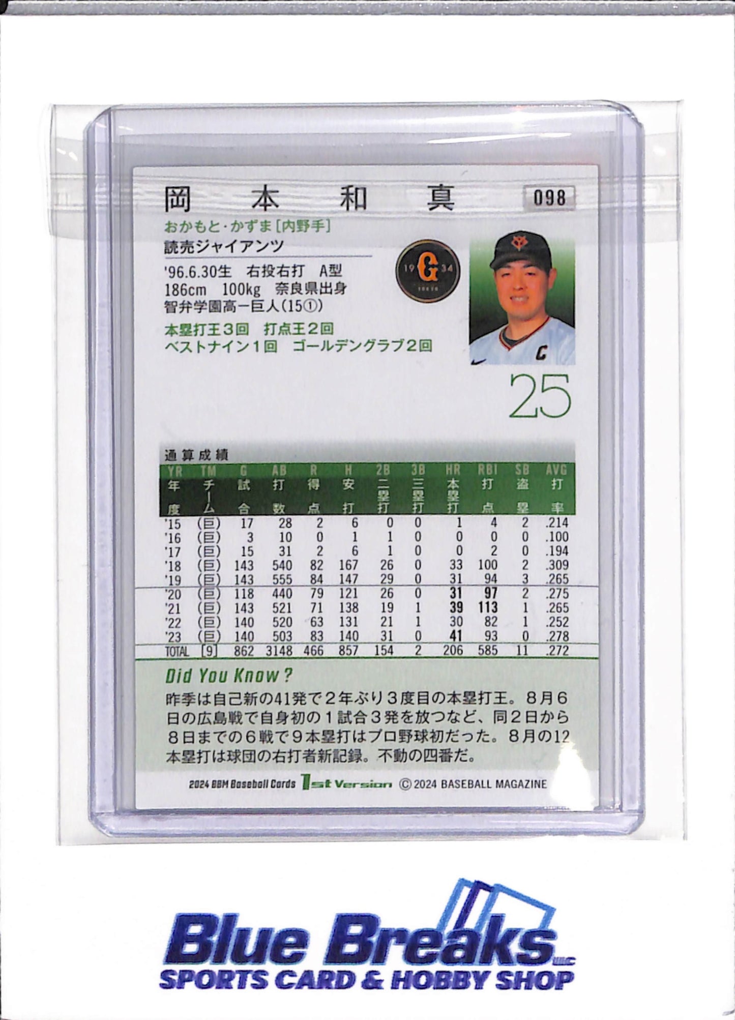 2024 BBM - Kazuma Okamoto - Yomiuri Giants - Toronto Blue Jays - BAseball - Japanese - NPB - #098 - 1st Version