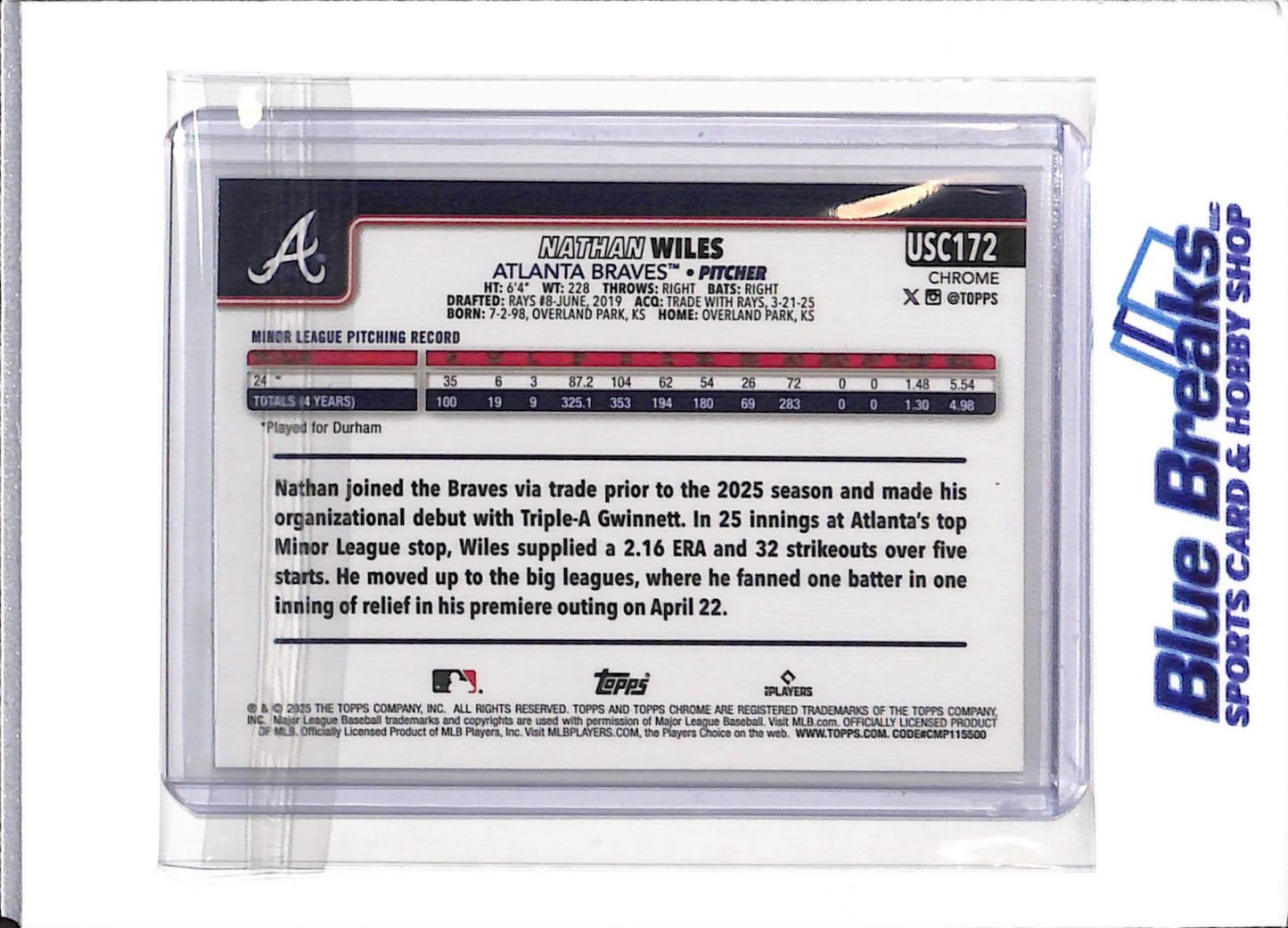2025 Topps - Nathan Wiles - Atlanta Braves - Baseball - Rookie - Update - Chrome - #USC 172
