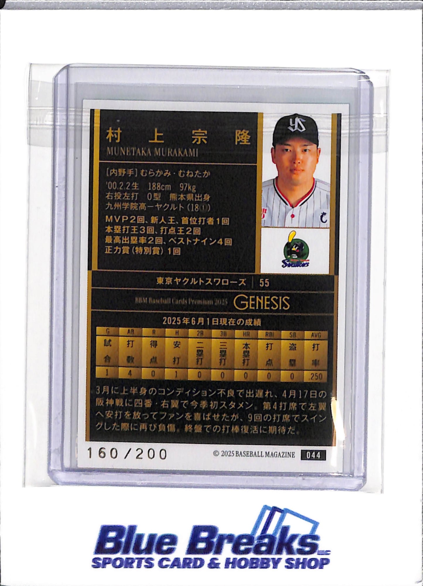 2025 BBM - Munetaka Murakami - Yakult Swallows - Chicago White Sox - NPB - Japanese - Genesis - Aqua - 160/200 - #044