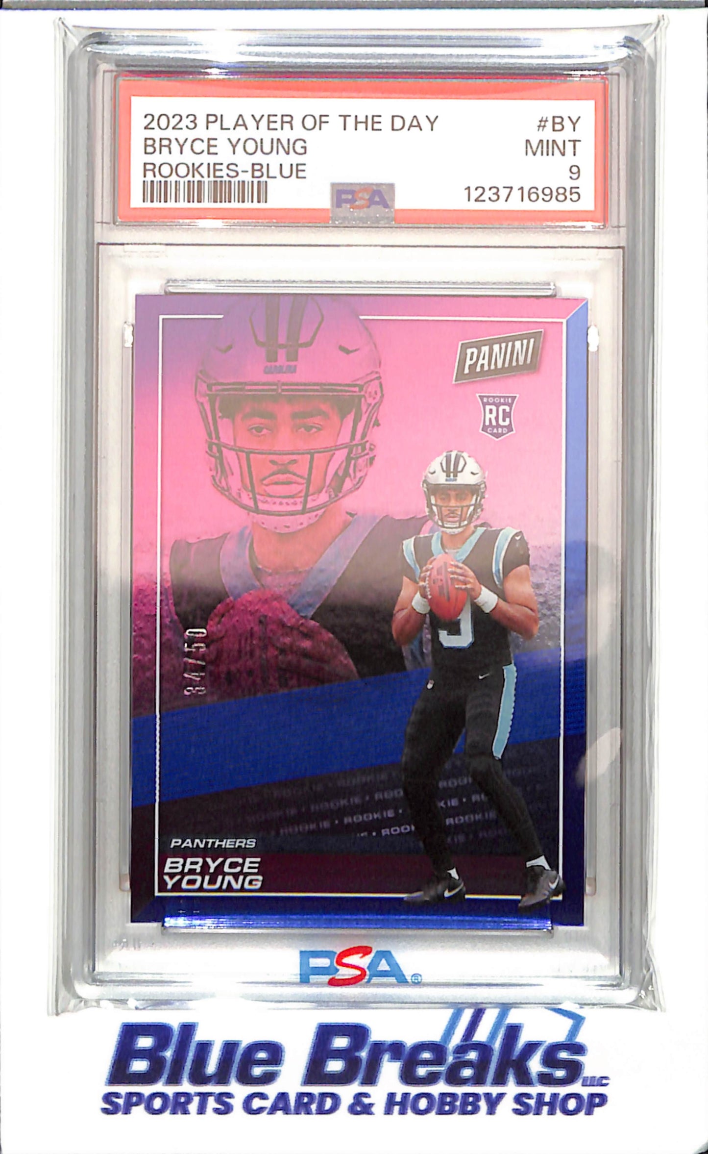 2023 Panini - Player of the Day - Rookies - Blue - Bryce Young - 34/50 - RC - #BY - PSA 9 - football - Panthers