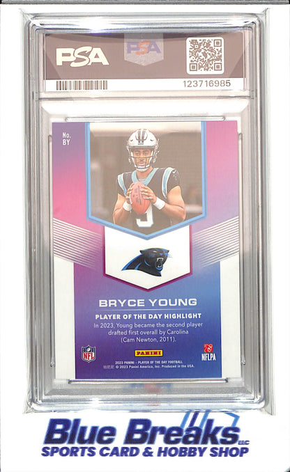 2023 Panini - Player of the Day - Rookies - Blue - Bryce Young - 34/50 - RC - #BY - PSA 9 - football - Panthers