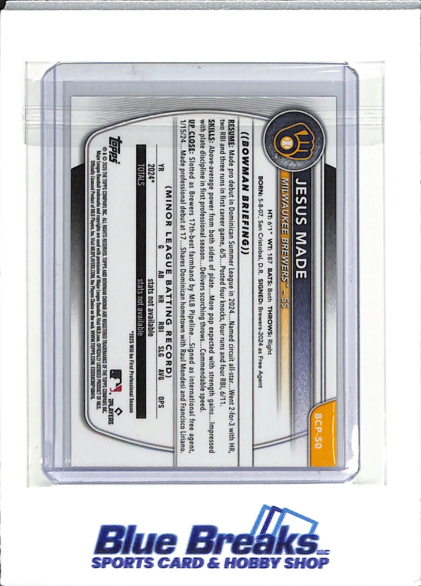 2025 Bowman Chrome - 1st Bowman - reptilian refractor - Jesus Made - #BCP-50 - baseball - Brewers