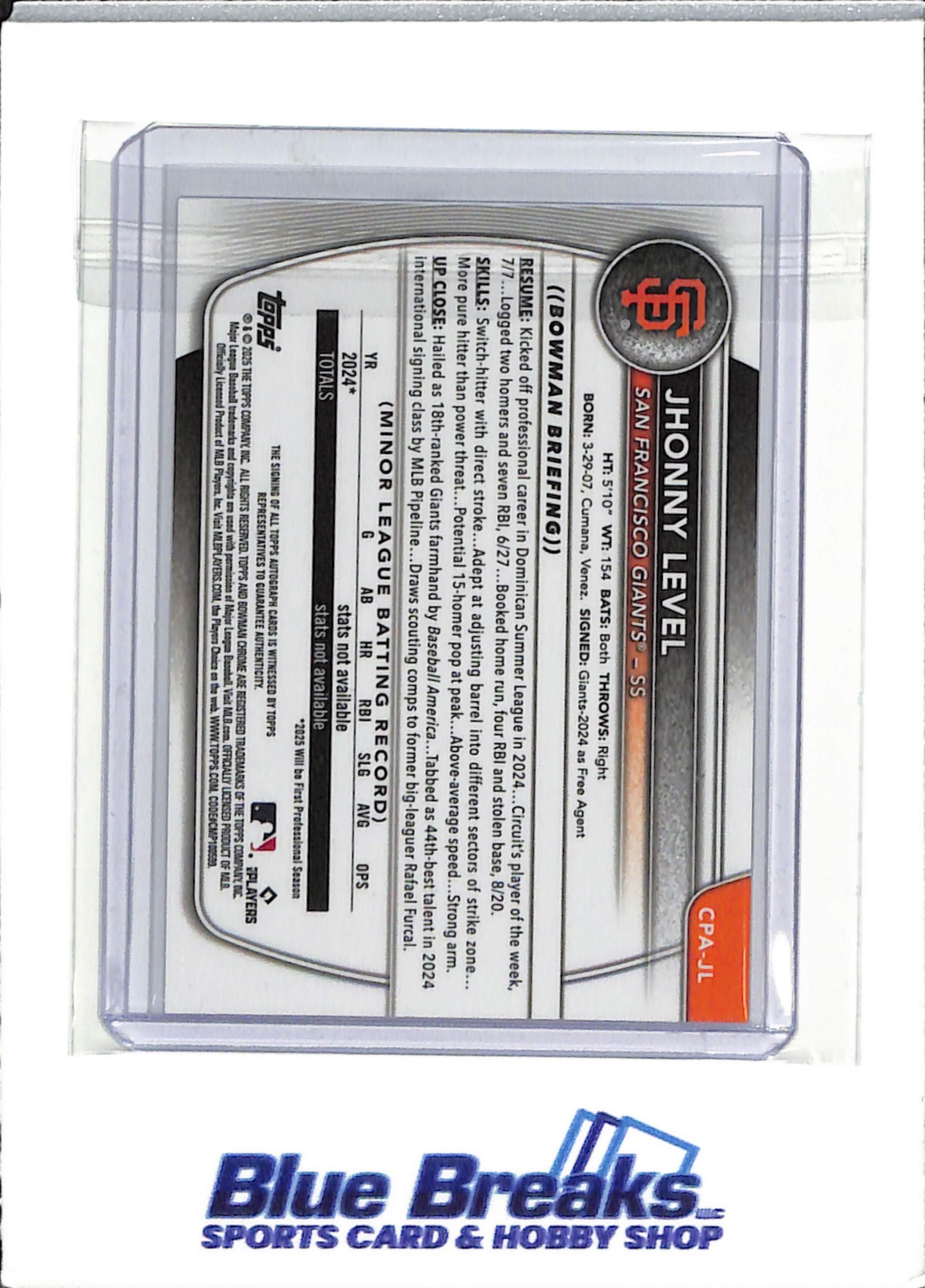 2025 Bowman Chrome - 1st Bowman - Jhonny Level - auto - #CPA-JL - baseball - Giants