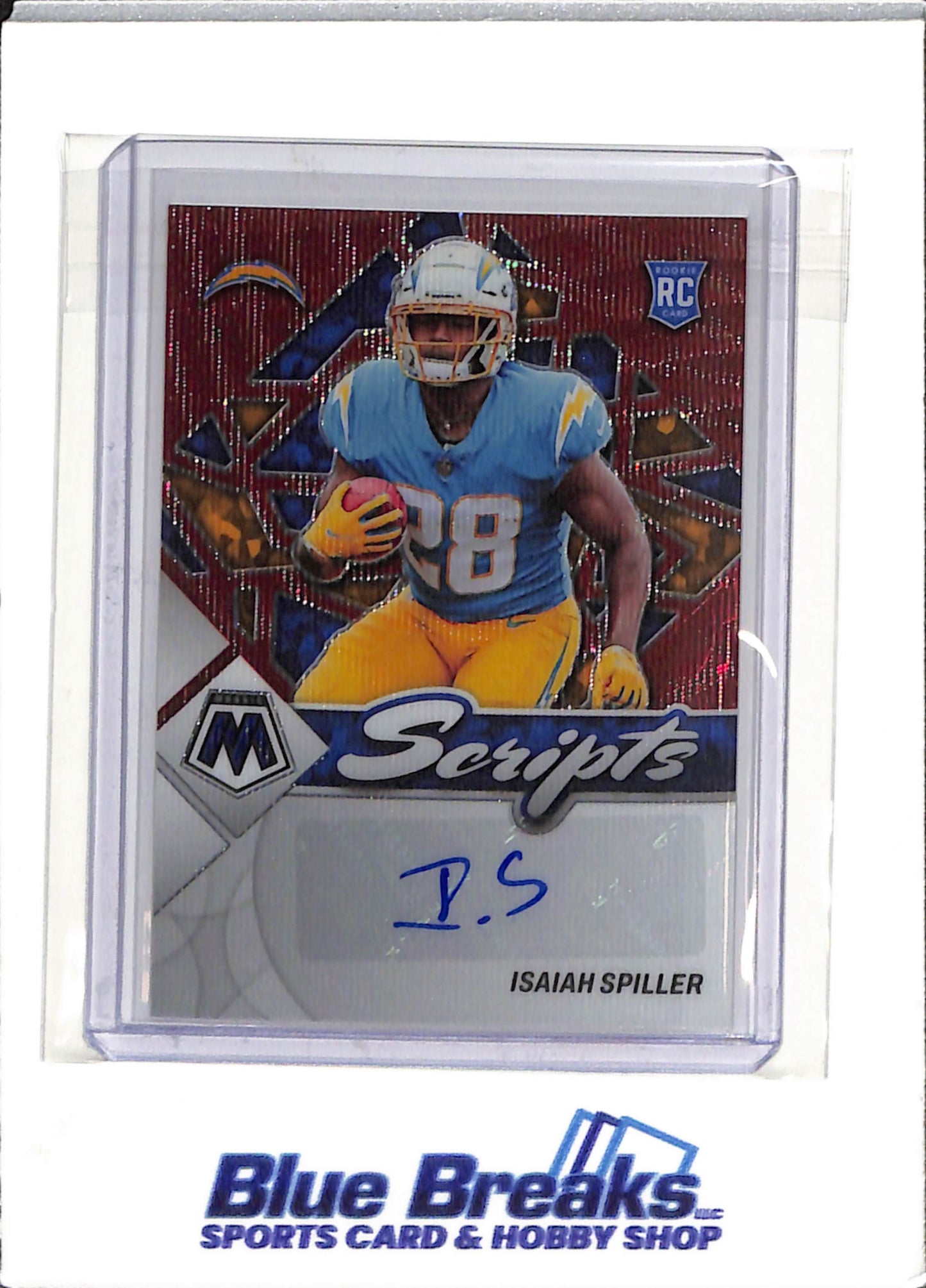 2022 Panini - Mosaic - Scripts - red wave - Isaiah Spiller - 05/10 - RC - #RS-IS - football - Chargers