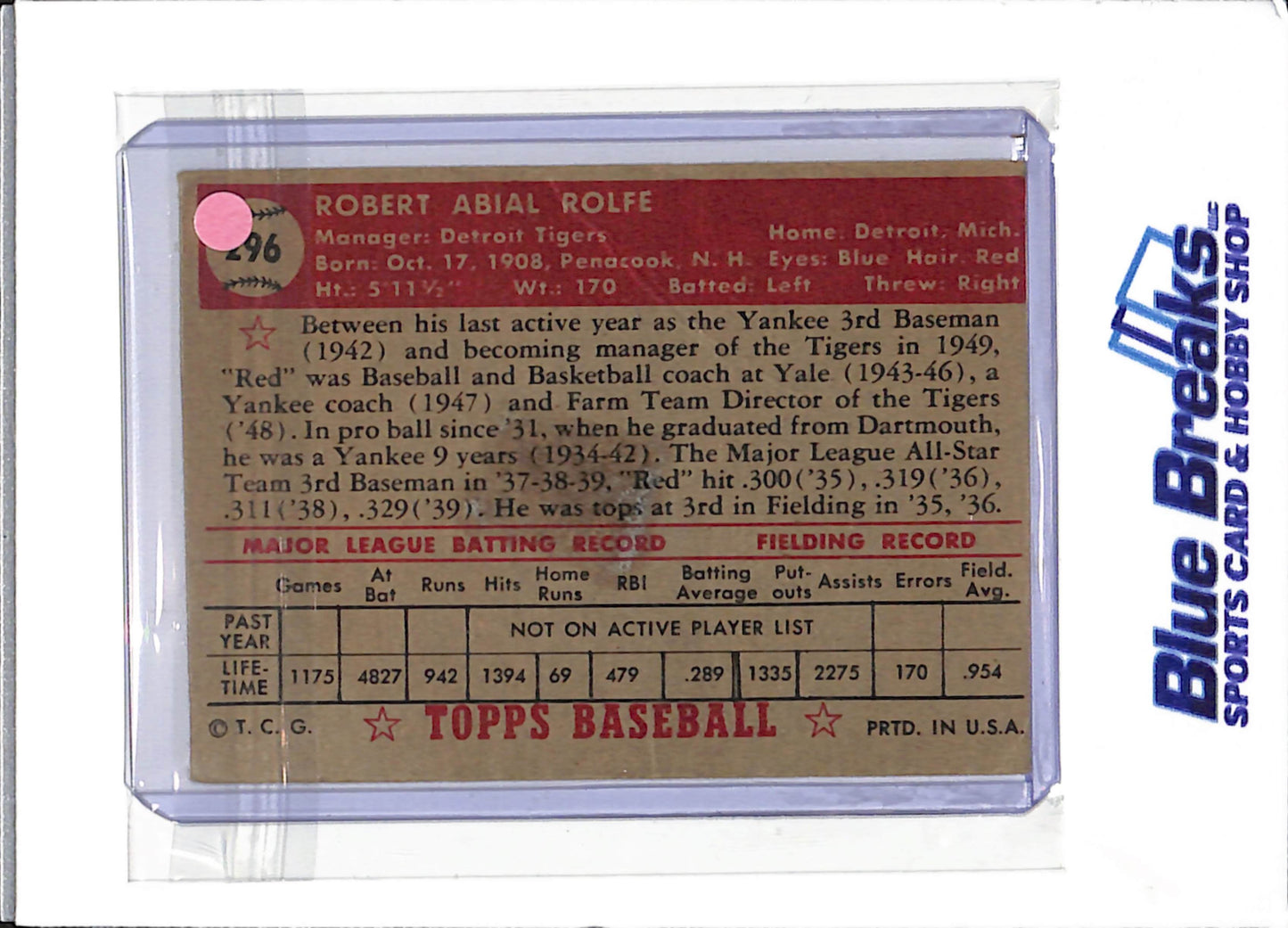 1952 Topps - Robert "Red" Rolfe - #296 - baseball - Tigers