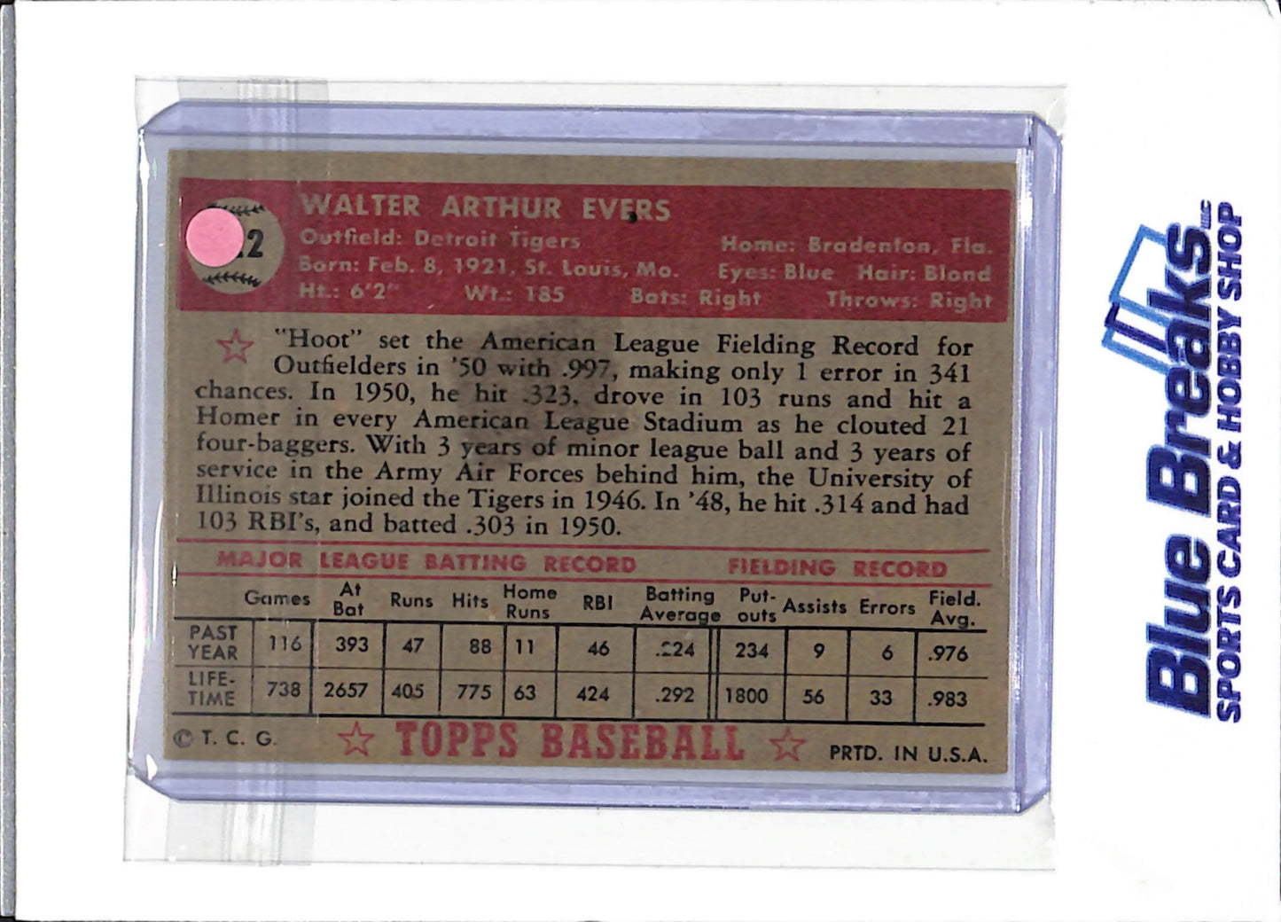 1952 Topps - Walter "Hoot" Evers - #222 - baseball - Tigers