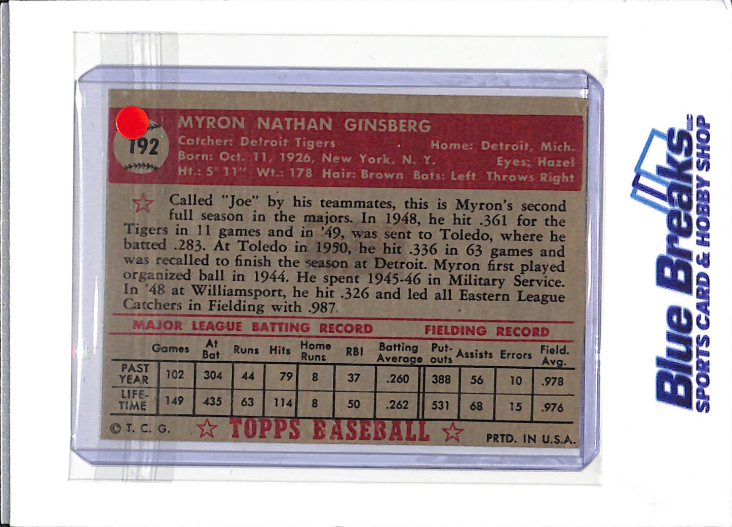 1952 Topps - Myron Ginsberg - #192 - baseball - Tigers