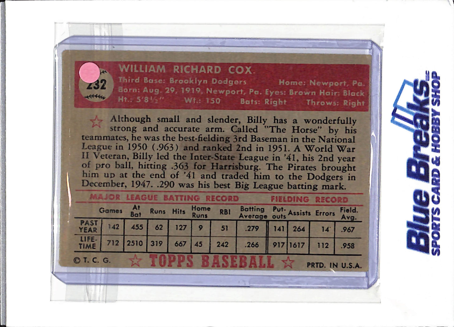 1952 Topps - Billy Cox - #232 - baseball - Dodgers