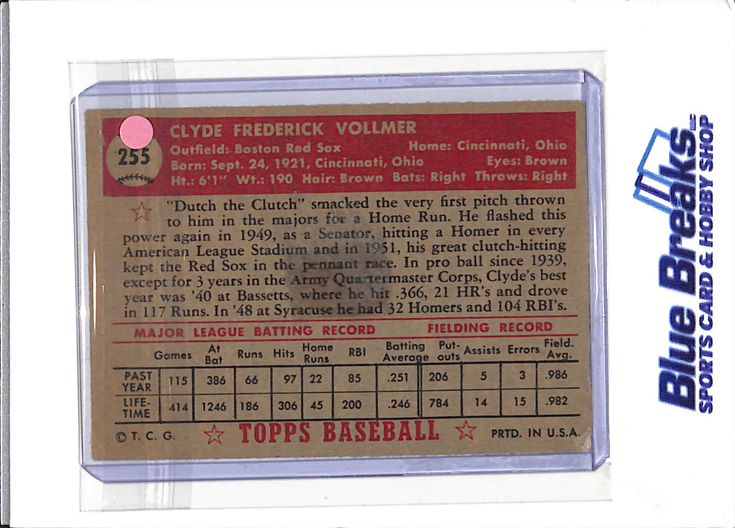 1952 Topps - Clyde Vollmer - #255 - baseball - Red Sox