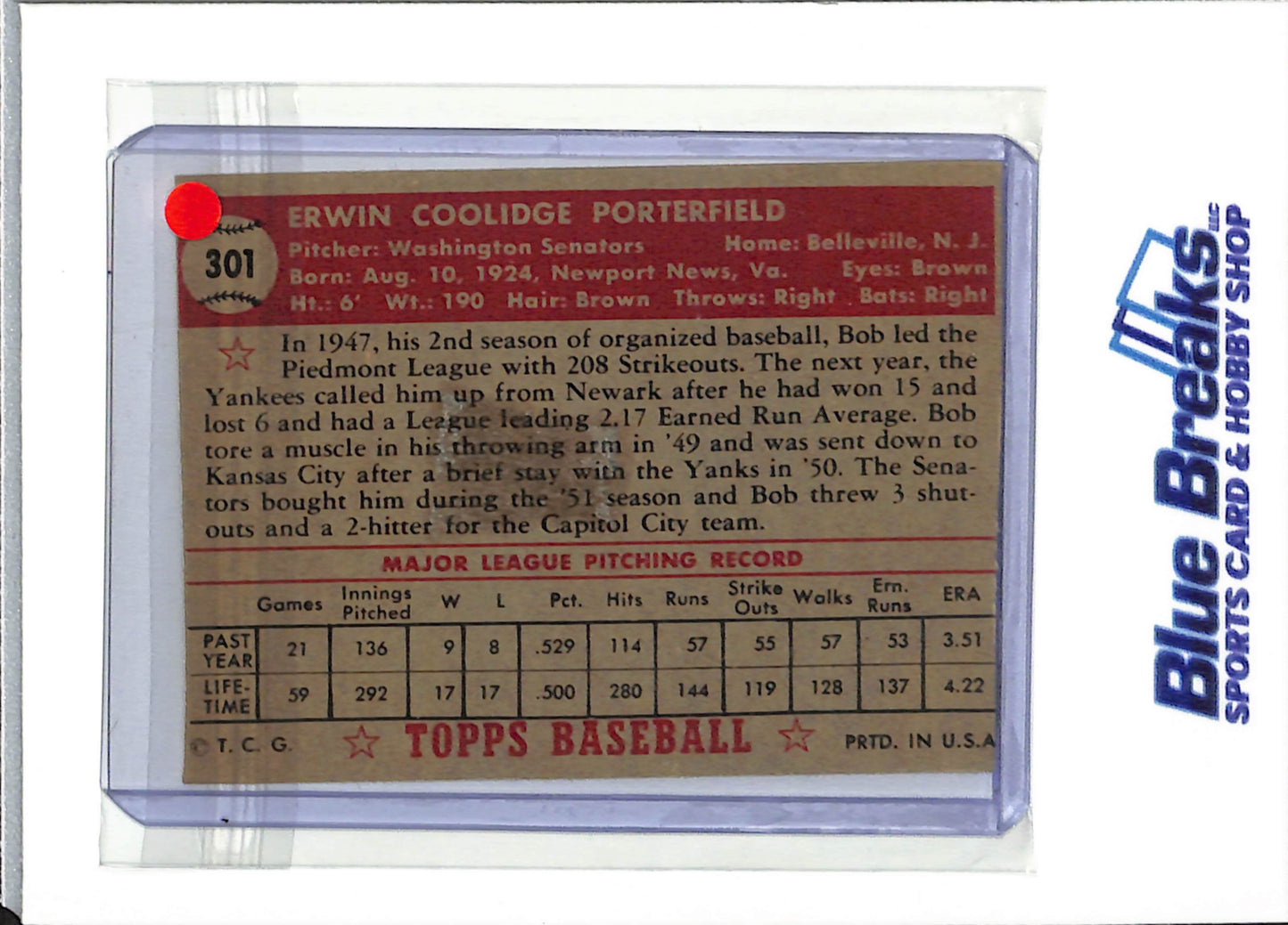 1952 Topps - Bob Porterfield - #301 - baseball - Senators