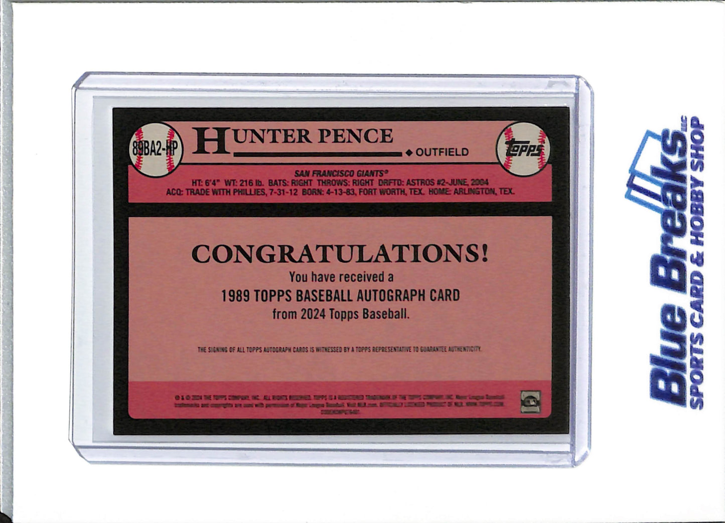 2024 Topps - 35th Anniversary - 1989 Topps - Hunter Pence - auto - #89BA2-HP - baseball - Giants