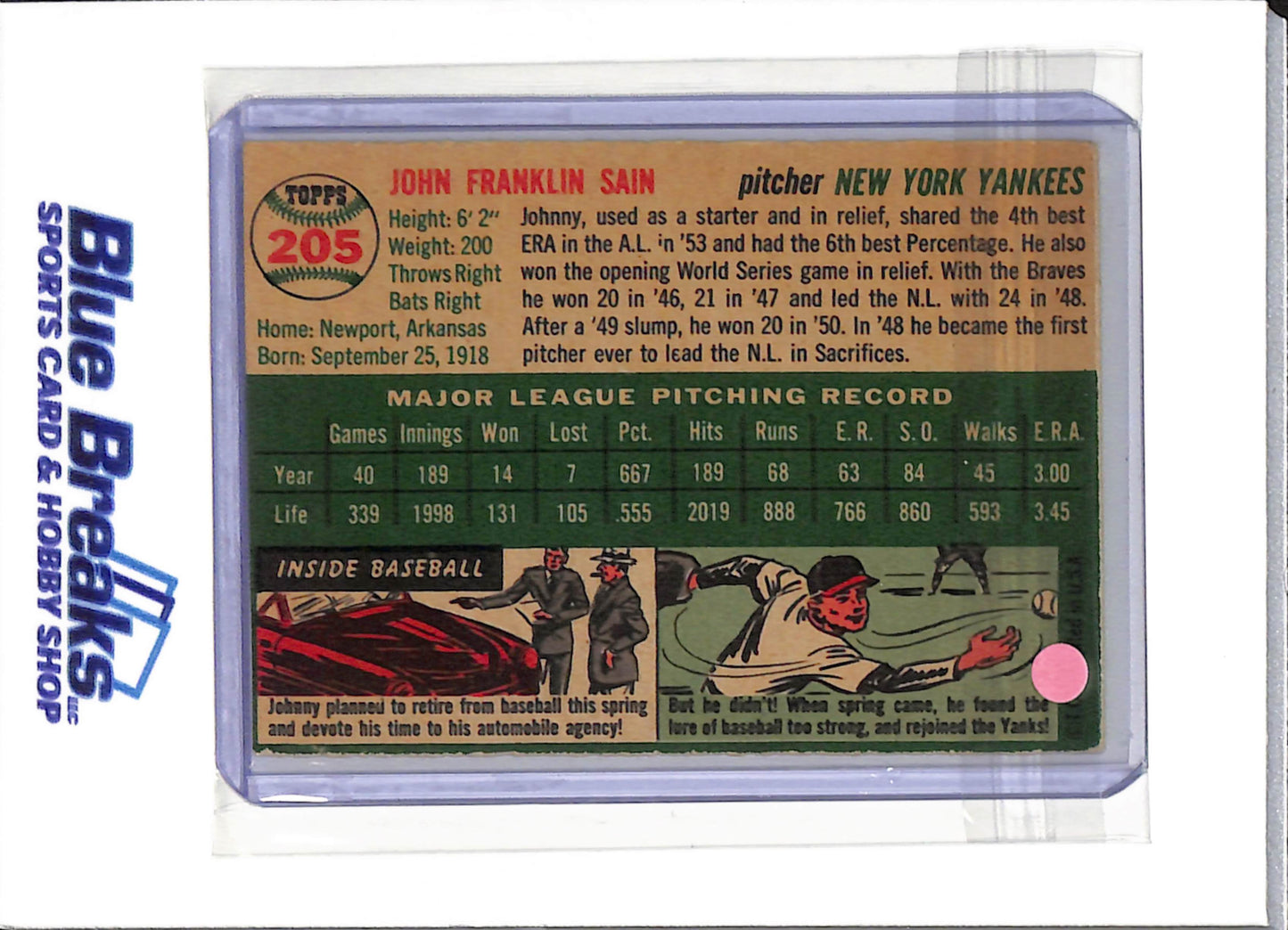 1954 Topps - Johnny Sain - #205 - baseball - Yankees