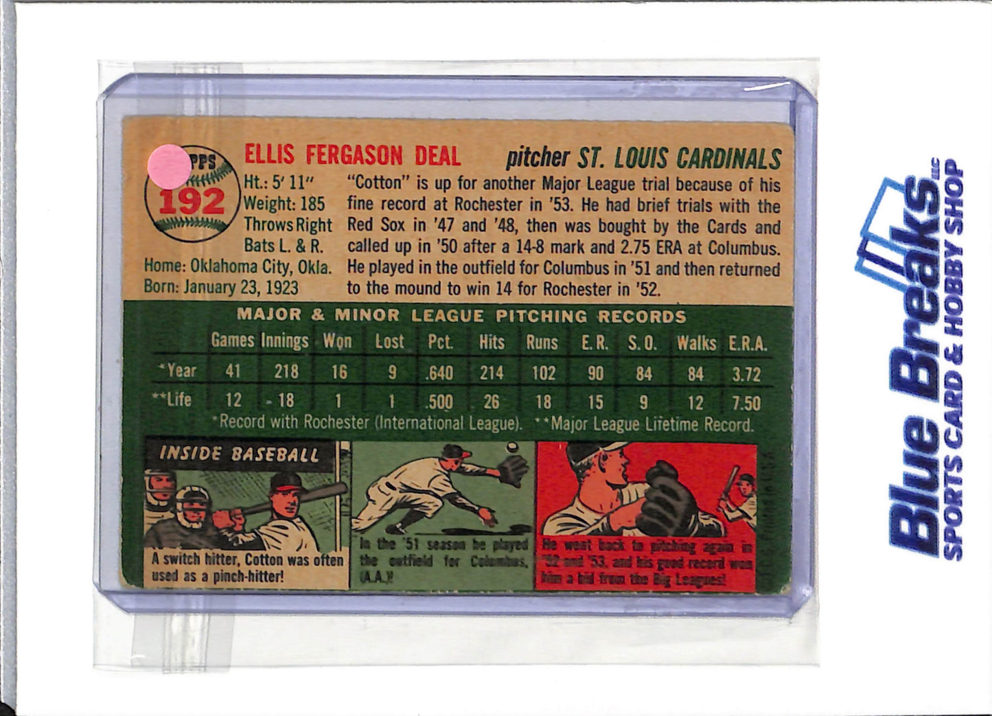 1954 Topps - Ellis "Cot" Deal - #192 - baseball - Cardinals - drop