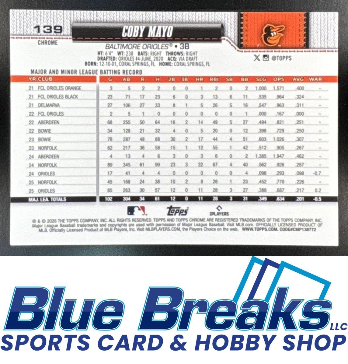 2026 Topps Chrome Coby Mayo #139 Lightboard Logo Variation Baltimore Orioles