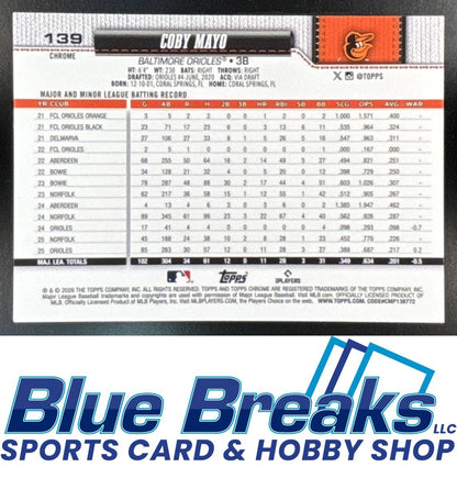 2026 Topps Chrome Coby Mayo #139 Lightboard Logo Variation Baltimore Orioles