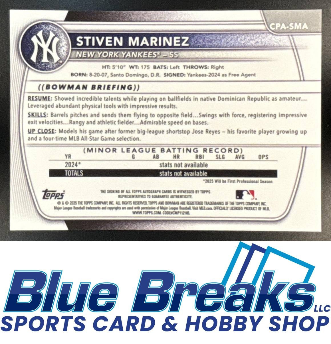 2025 Bowman Chrome Auto Stiven Marinez [RC] #CPA-SMA 1st Prospect Yankees