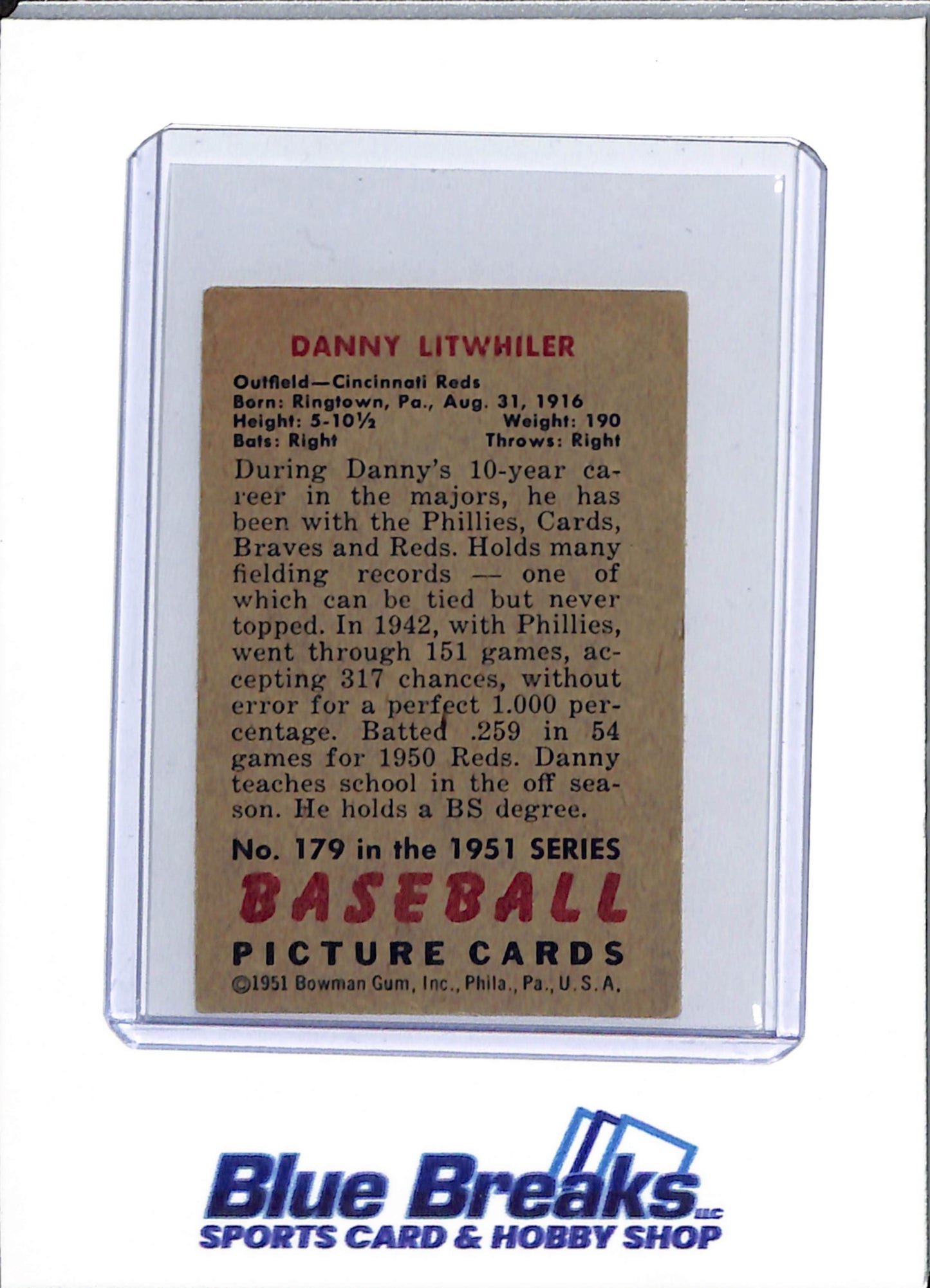 1951 Bowman - Danny Litwhiler - #179 - baseball - Reds