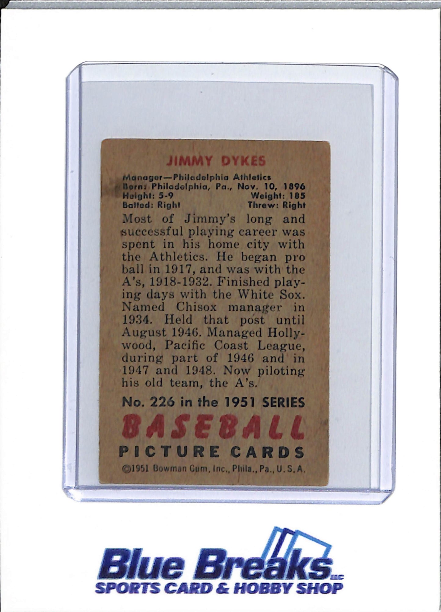 1951 Bowman - Jimmy Dykes - #226 - baseball - Athletics