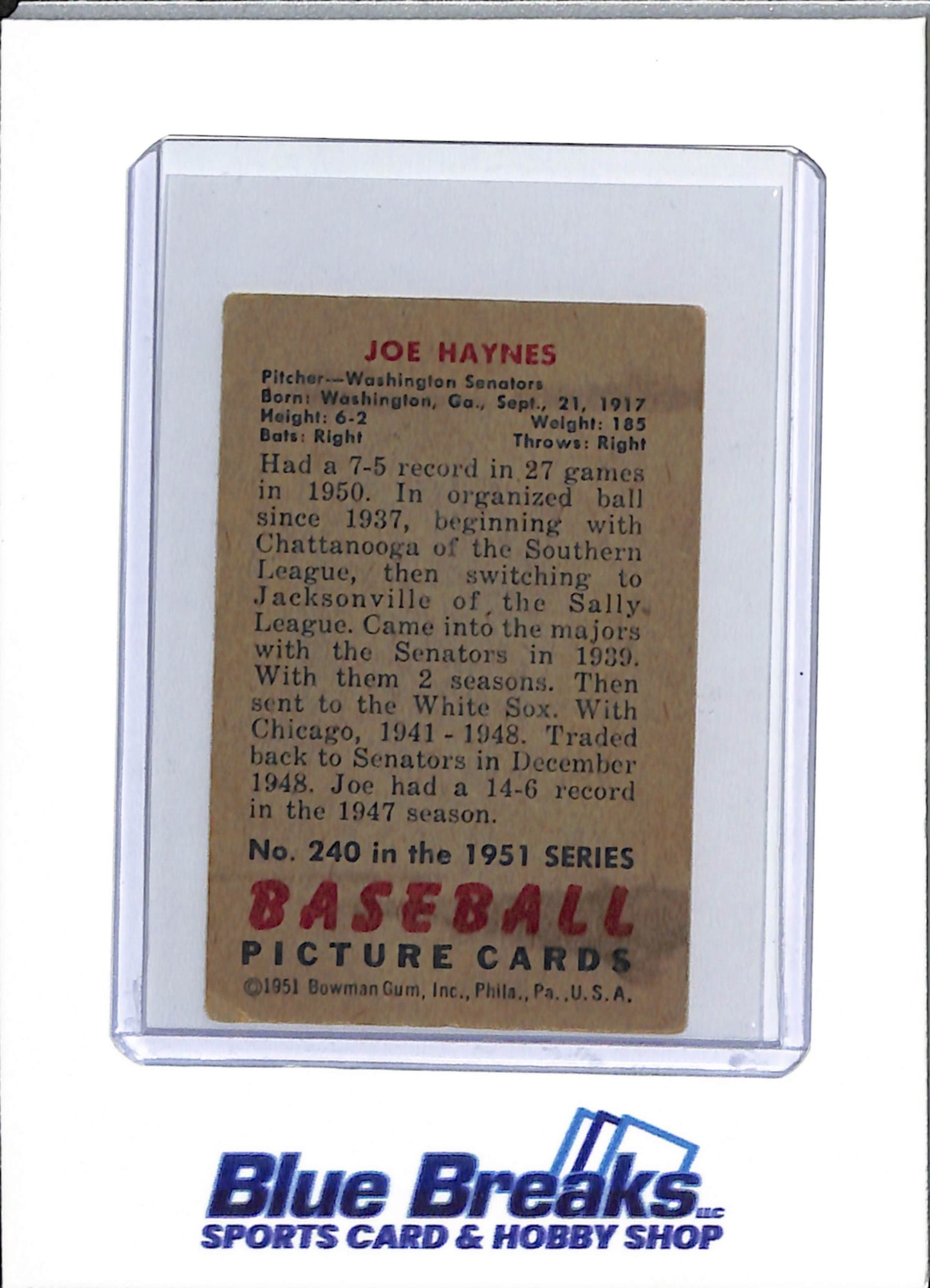 1951 Bowman - Joe Haynes - #240 - baseball - Senators/Twins