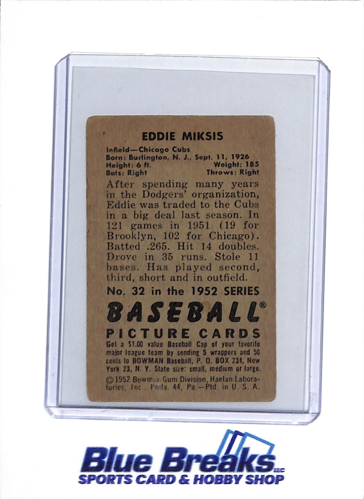 1952 Bowman - Eddie Miksis - #32 - baseball - Cubs