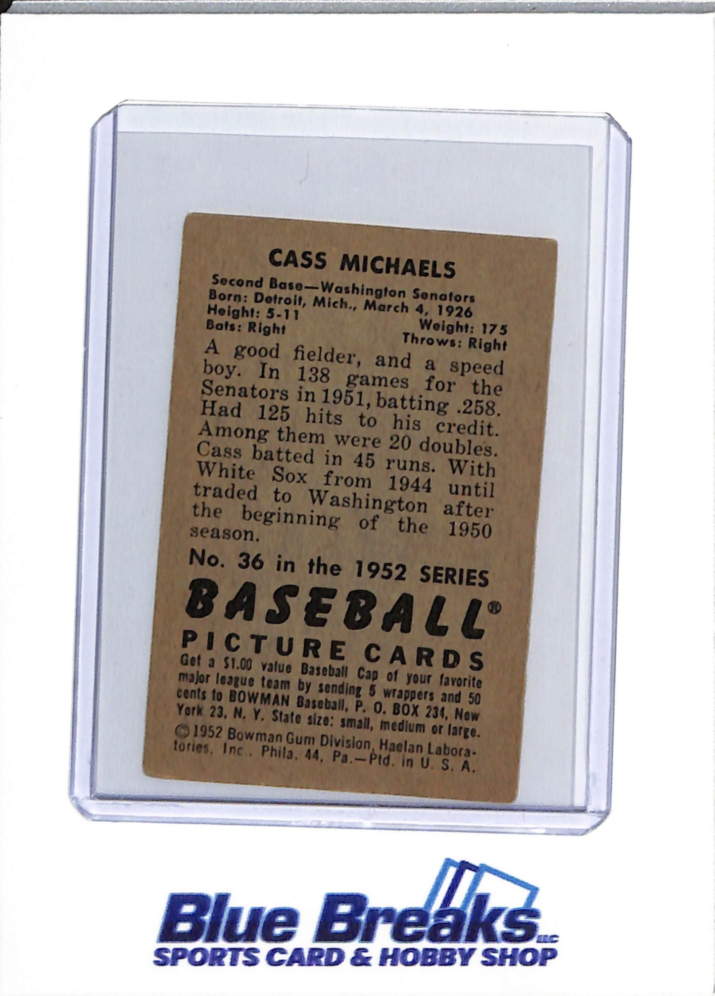1952 Bowman - Cass Michaels - #36 - baseball - Senators/Twins