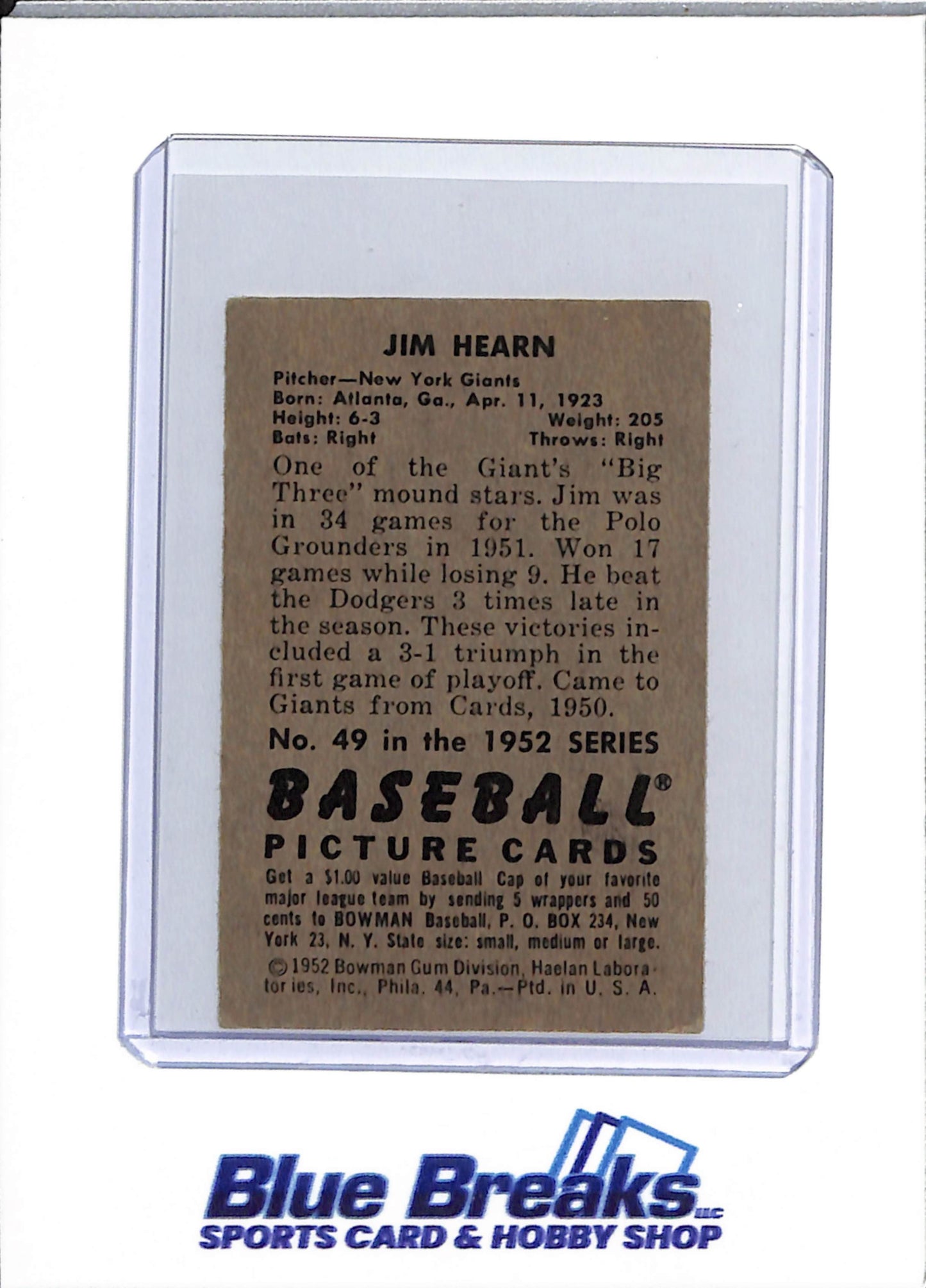 1952 Bowman - Jim Hearn - #49 - baseball - Giants
